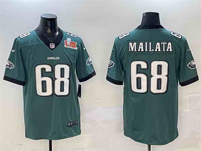 Men's Philadelphia Eagles #68 Jordan Mailata Green 2025 Super Bowl LIX Patch New Vapor Untouchable Limited Stitched Football Jersey